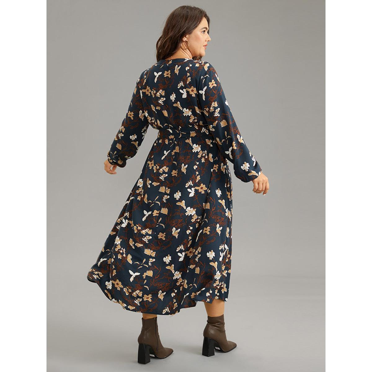 Plus Size Floral Print Notched Belted Lantern Sleeve Dress DarkBlue Women Elegant Elastic cuffs Notched collar Long Sleeve Curvy Midi Dress BloomChic 14-16/1X Product Image