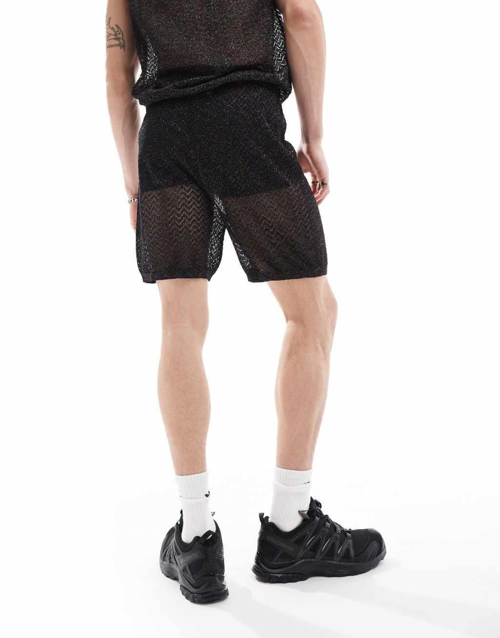 ASOS DESIGN knitted shorts in black metallic mesh - part of a set Product Image