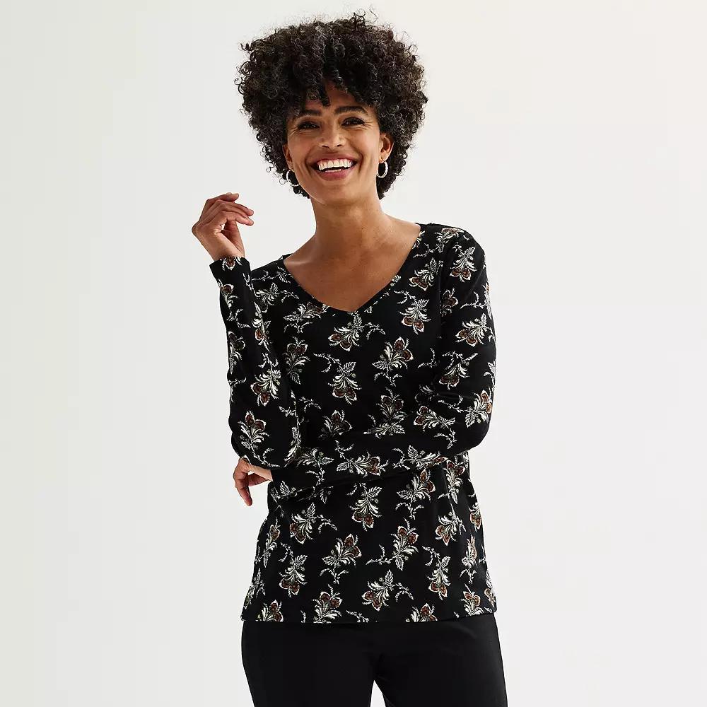 Women's Croft & Barrow® Essential Long Sleeve V-Neck Tee, Size: Medium, Red Medallion Product Image