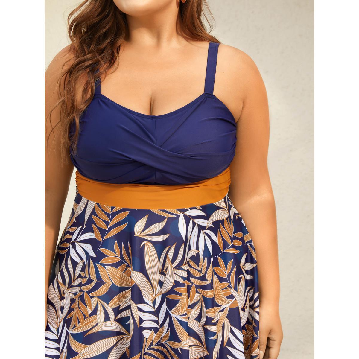 Plus Size Tropical Flower Color Block Swim Dress Women's Swimwear Indigo Beach Bodycon Heart neckline High stretch Curve Swim Dresses BloomChic 22-24/3X Product Image