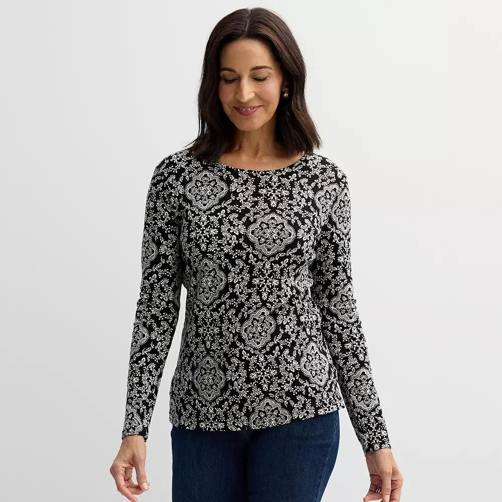 Women's Croft & Barrow® Essential Long-Sleeve Crewneck Tee, Size: Large, Black Medallion Product Image
