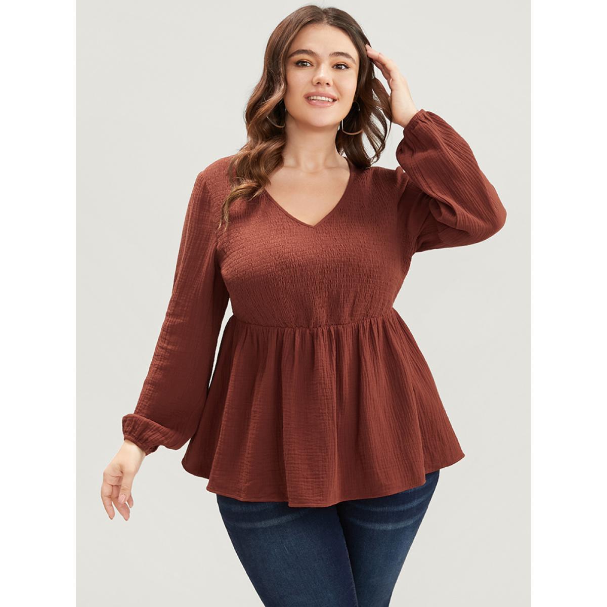 Plus Size Scarlet Solid V Neck Lantern Sleeve Shirred Ruffle Hem Blouse Women Elegant Long Sleeve V-neck Dailywear Blouses BloomChic 22-24/3X Product Image