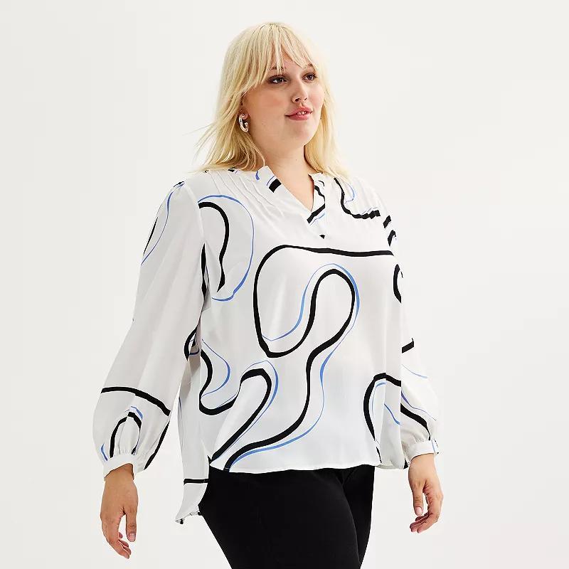Plus Size Nine West Y-Neck Pintuck Satin Blouse, Women's, Size: 5XL, Blue Team Marble Product Image
