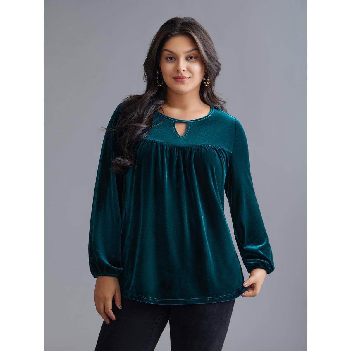 Plus Size Aegean Plain Hollow Out Gathered Velvet Blouse Women Cocktail Long Sleeve Round Neck Party Blouses BloomChic 28/5X Product Image