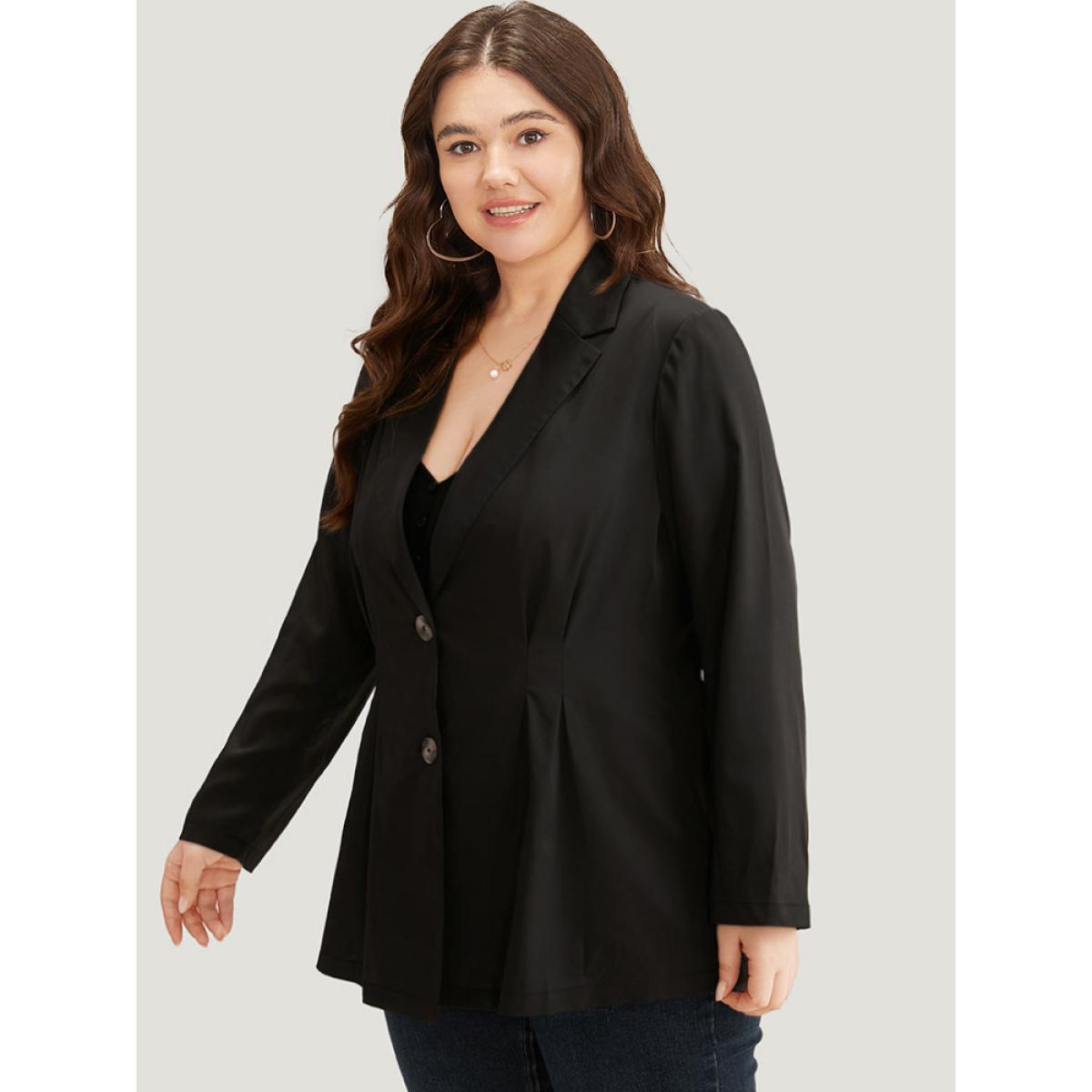 Plus Size Suit Collar Button Up Plicated Detail Blazer Black Women Dailywear Plain Plain Sleeve Long Sleeve Suit Collar 12/L Casual Blazers BloomChic Product Image