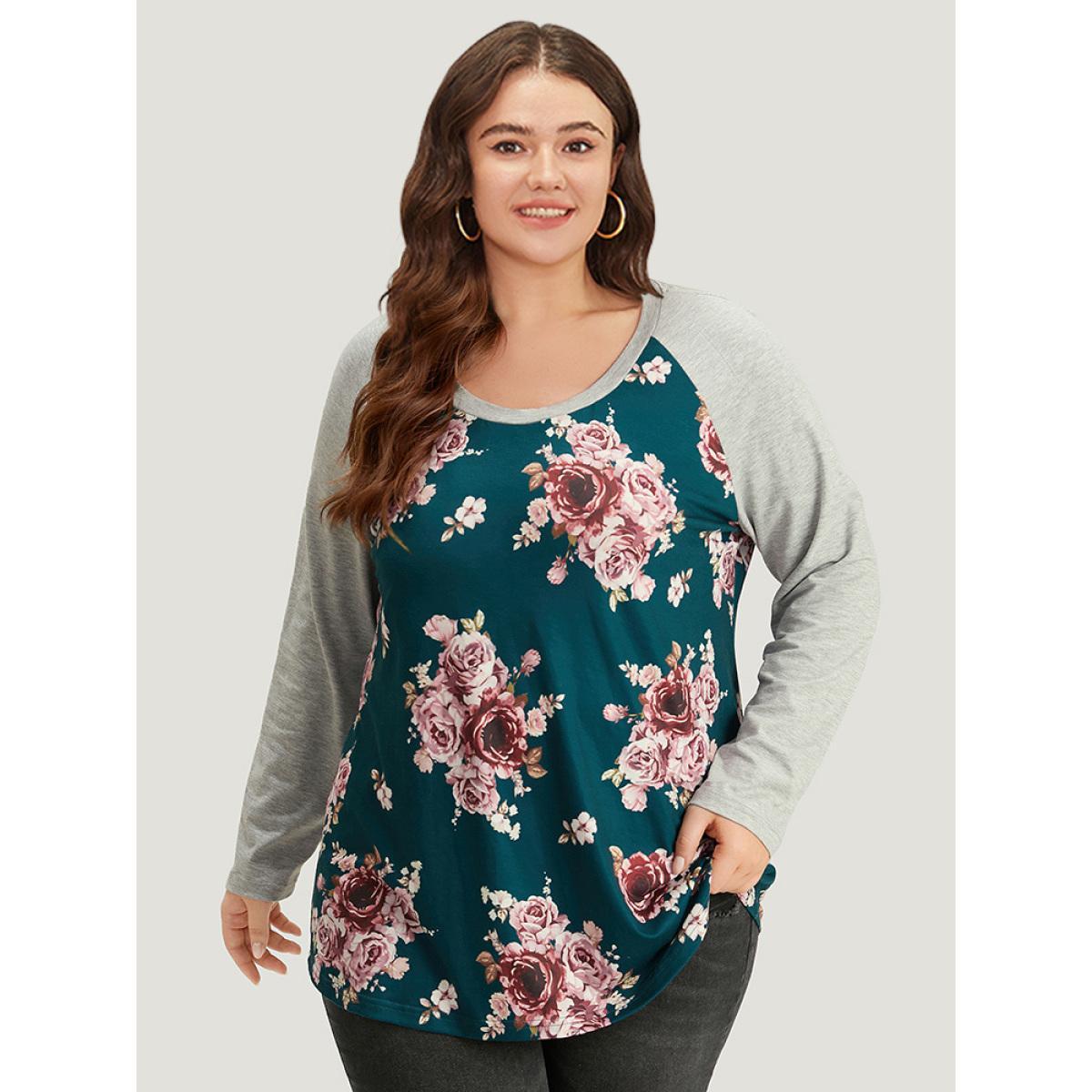 Plus Size Floral Contrast Raglan Sleeve T-shirt Cyan Women Casual Printed Floral Round Neck Everyday T-shirts BloomChic 10/M Product Image