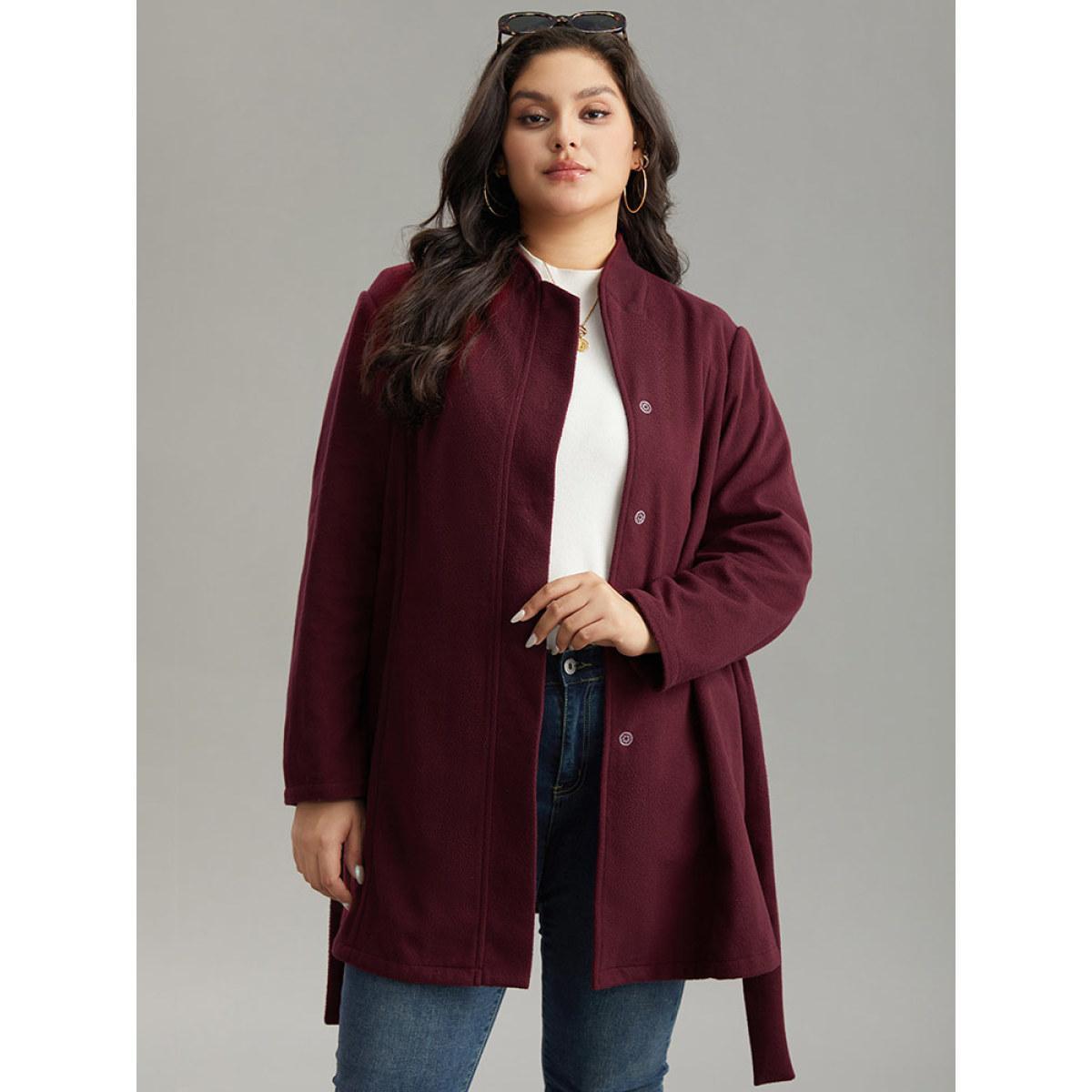 Plus Size Solid Button Fly Stand Collar Belted Pocket Coat Women Burgundy Casual Plain Ladies Everyday Winter Coats BloomChic 18-20/2X Product Image