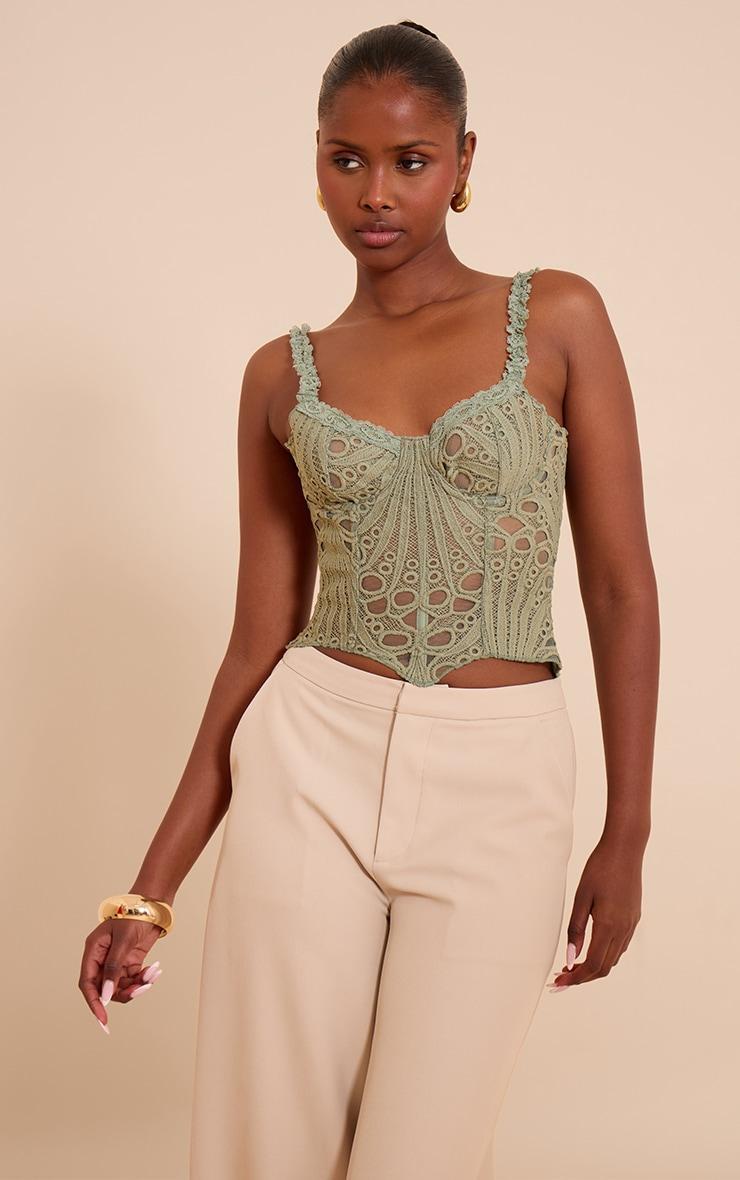 Sage Green Strappy Textured Sheer Floral Lace Corset Product Image