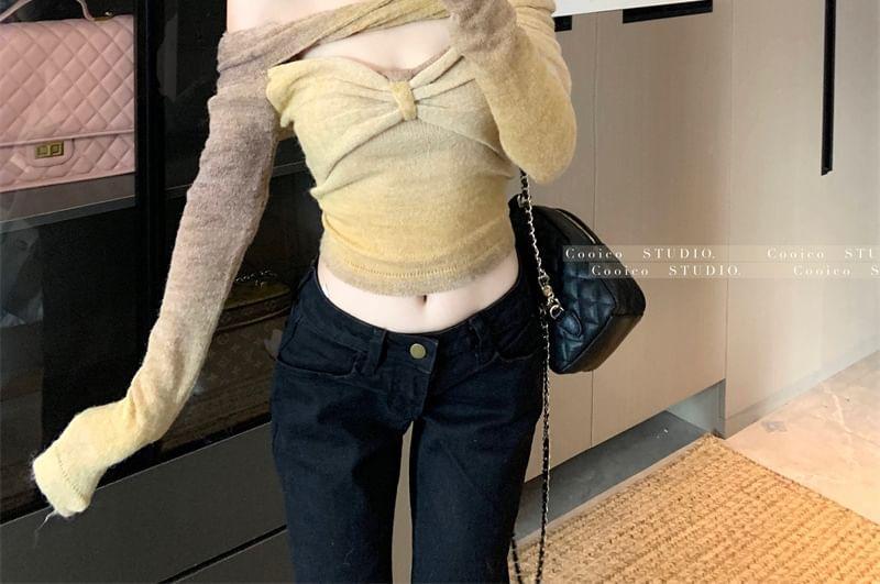 Long Sleeve Off Shoulder Gradient Bow Knit Top Product Image