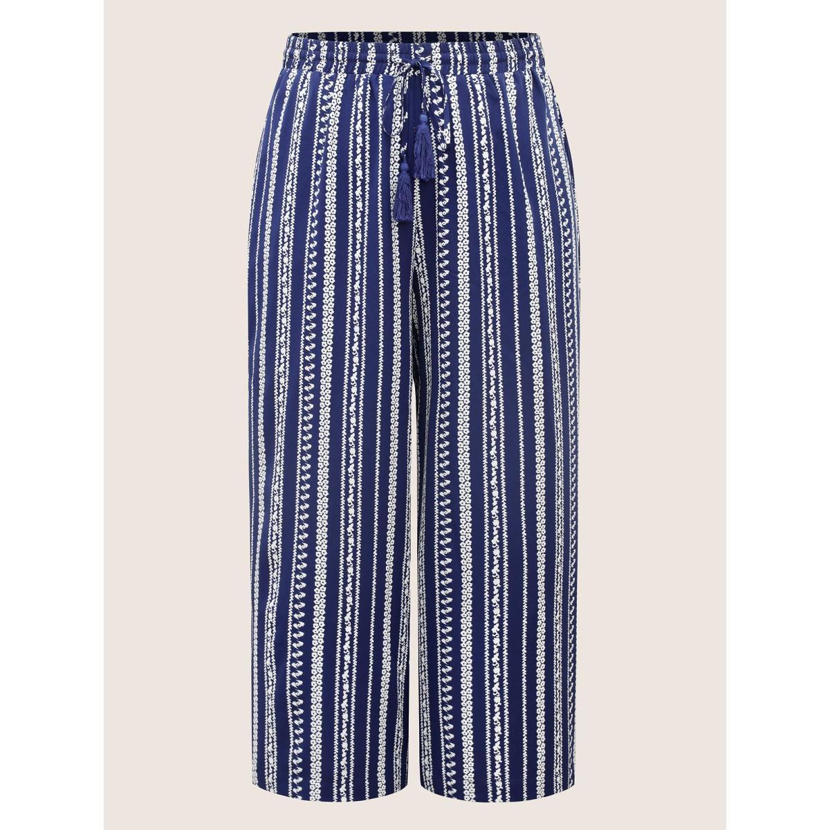 Plus Size Bandana Striped Tassel Drawstring Wide Leg Pants Women DarkBlue Resort Wide Leg Mid Rise Vacation Pants BloomChic 28/5X Product Image