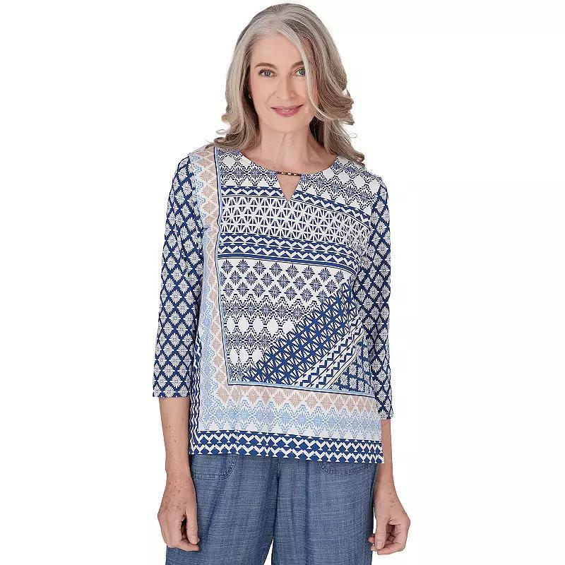 Alfred Dunner Womens Bayou Geometric Three Quarter Sleeve Top Product Image