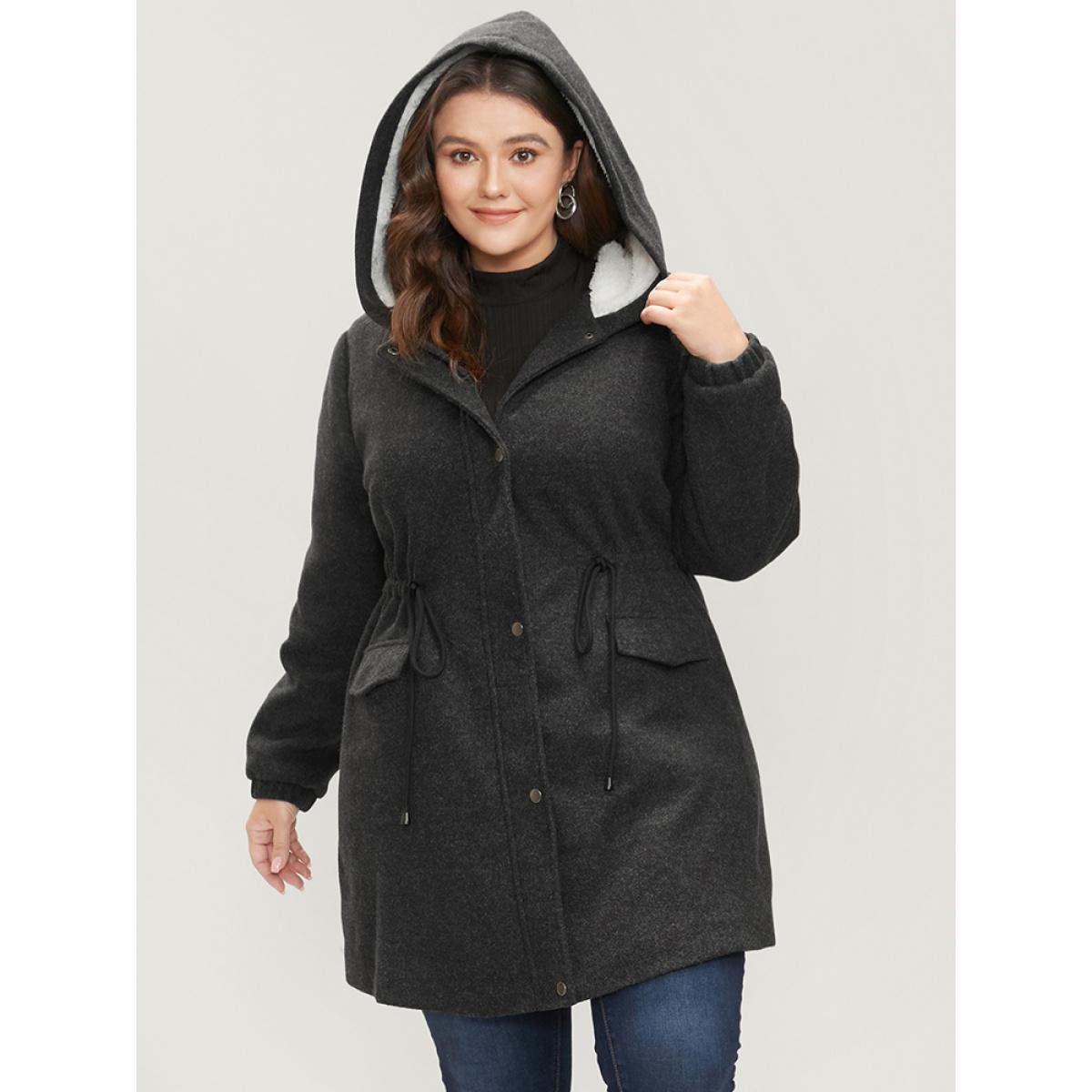 Plus Size Solid Flap Pocket Button Up Drawstring Teddy Lined Hooded Coat Women Black Casual Plain Loose Ladies Dailywear Winter Coats BloomChic 26/4X Product Image