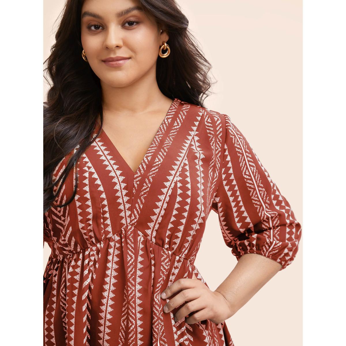 Plus Size Russet Bandana Geometric Lantern Sleeve Gathered Blouse Women Resort Elbow-length sleeve V-neck Vacation Blouses BloomChic 18-20/2X Product Image