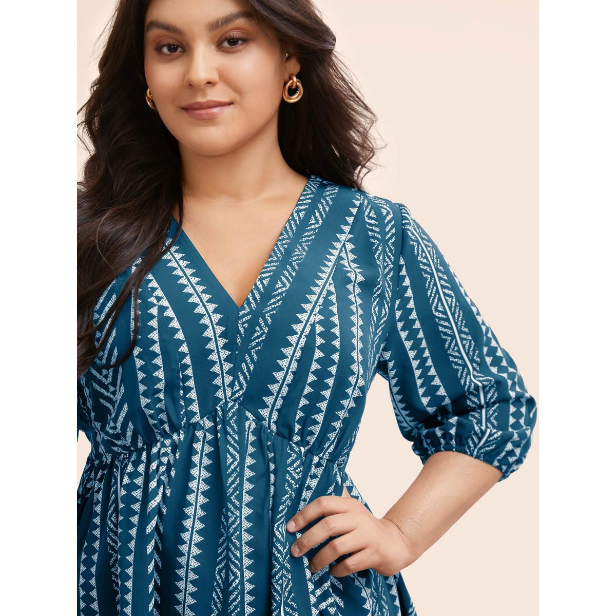 Plus Size Aegean Bandana Geometric Lantern Sleeve Gathered Blouse Women Resort Elbow-length sleeve V-neck Vacation Blouses BloomChic 30/6X Product Image