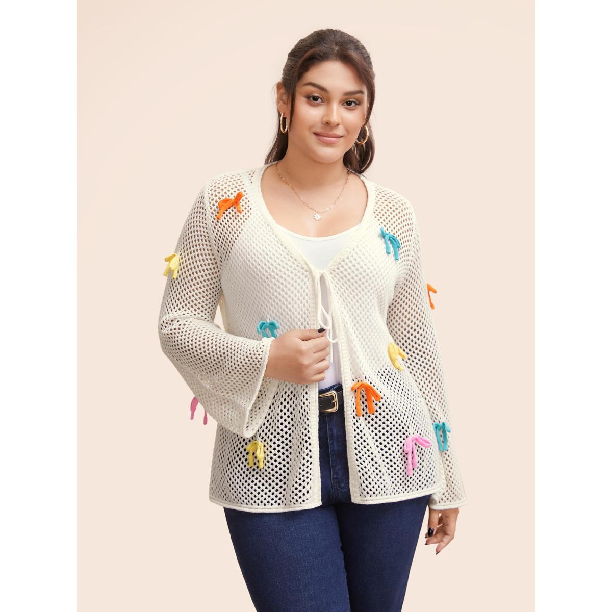 Plus Size Bowknot Tie Knot Bell Sleeve Cardigan Ivory Women Casual Loose Long Sleeve Everyday Cardigans BloomChic 12/L Product Image