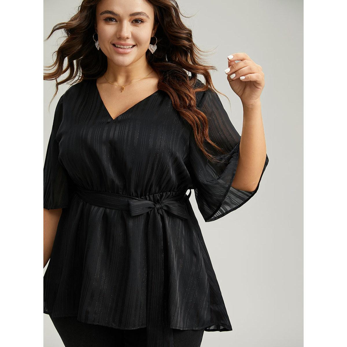 Plus Size Black Solid Chiffon Belted High Low Hem Blouse Women Elegant Half Sleeve V-neck Everyday Blouses BloomChic 30/6X Product Image