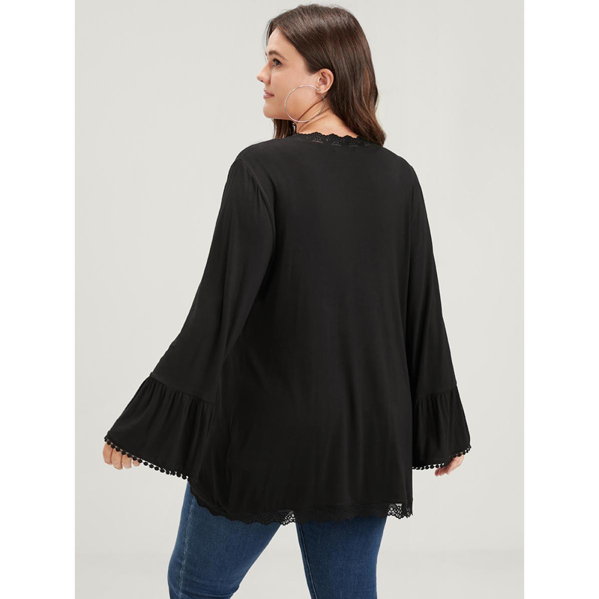 Plus Size Solid Ruffle Sleeve Lace Trim Coat Women Black Elegant Patchwork Ladies Dailywear Winter Coats BloomChic 14-16/1X Product Image