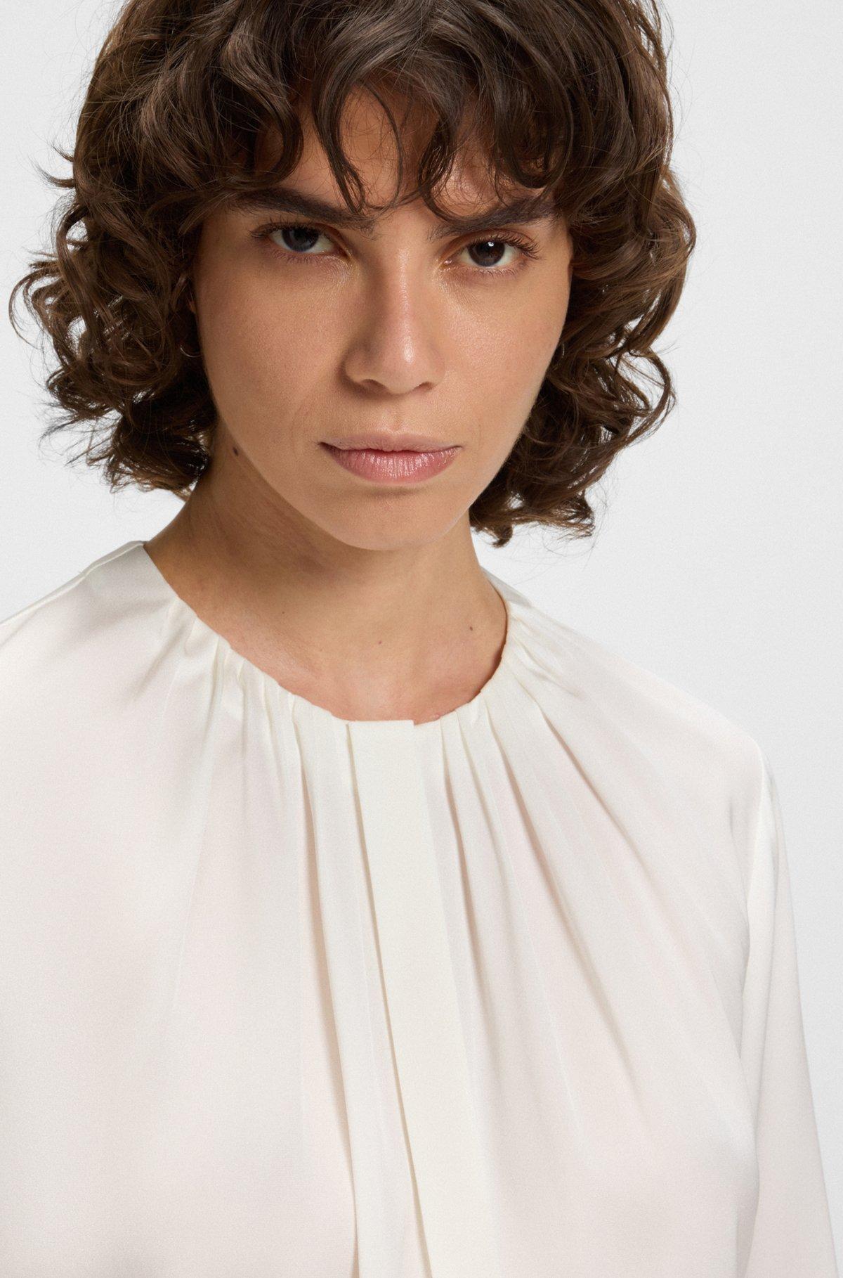 BOSS - Ruched-neck blouse in stretch-silk crepe de Chine - White Product Image