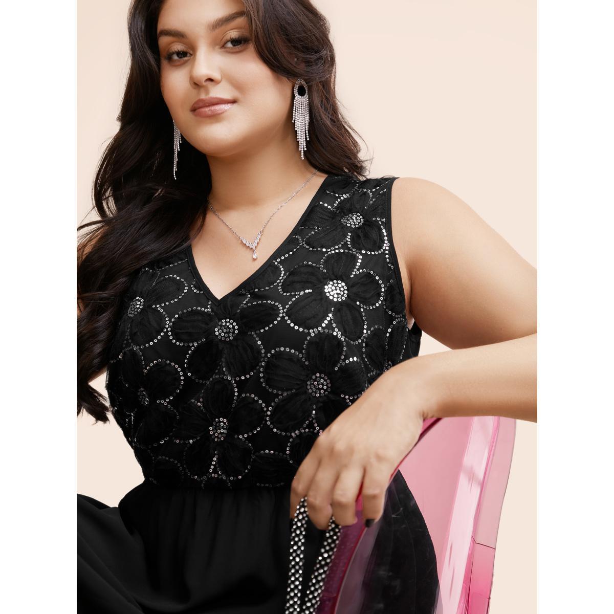 Plus Size V Neck Sequin Floral Patchwork Dress Black Women Formal Texture V-neck Sleeveless Curvy BloomChic 10/M Product Image