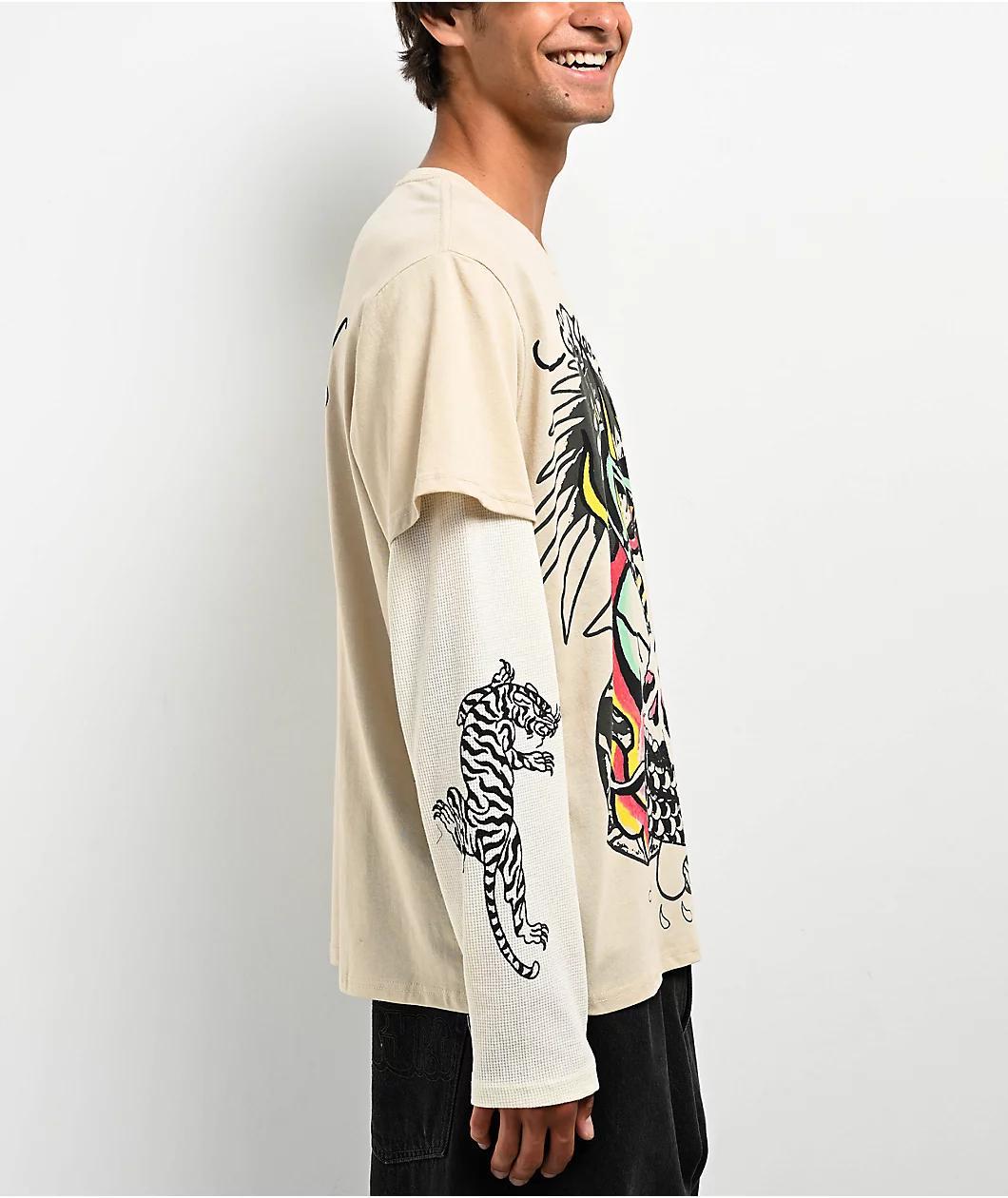 Ed Hardy Cobra Skull Beige & Cream 2fer Long Sleeve T-Shirt Product Image
