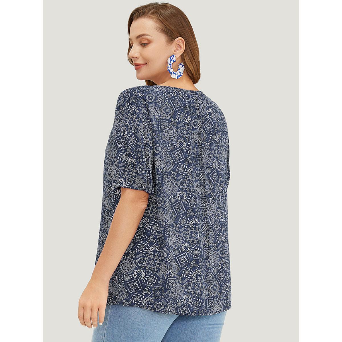 Plus Size Indigo Moroccan Print Keyhole Tie Neck Blouse Women Vacation Short sleeve V-neck Work Blouses BloomChic 22-24/3X Product Image