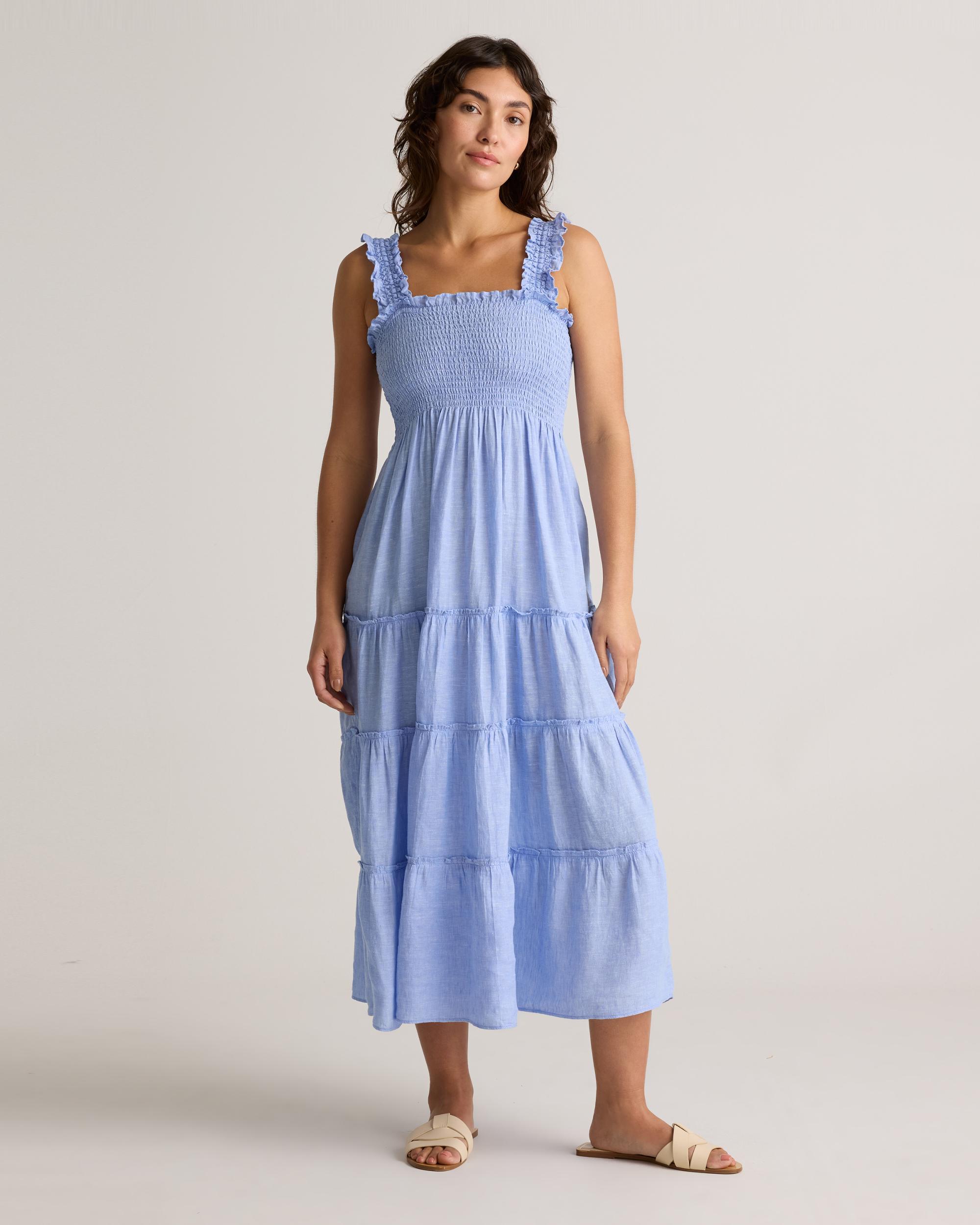 100% European Linen Smocked Midi Dress Product Image