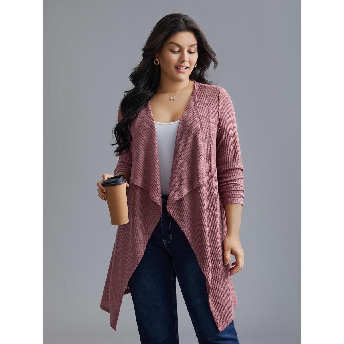 Plus Size Lapel Collar Waffle Grid Open-Front Jacket Women DustyPink Texture Loose Everyday Jackets BloomChic 14-16/1X Product Image
