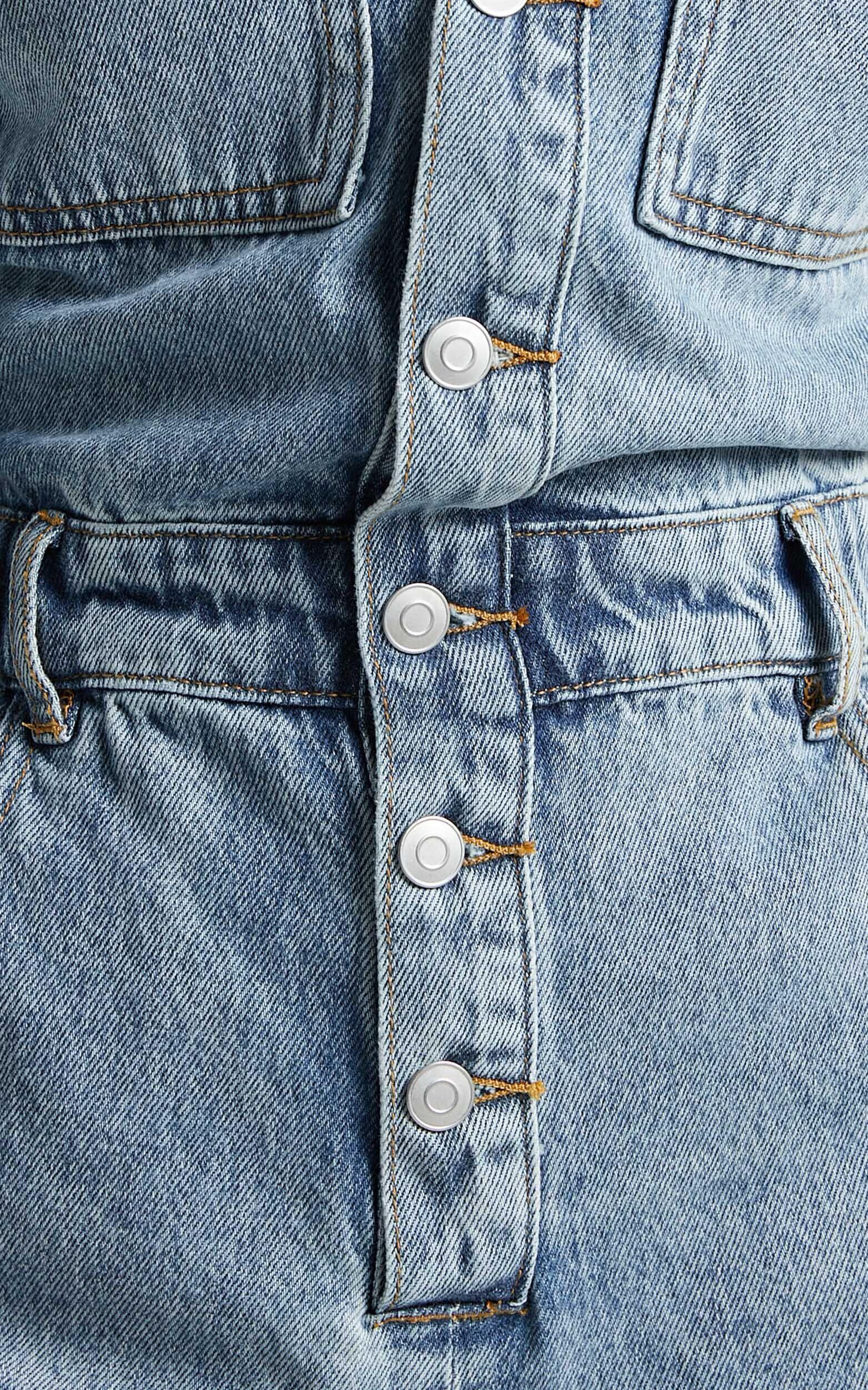 Leo Playsuit - Collared Short Sleeve Button Front Denim Playsuit in Mid Blue Acid Wash Product Image