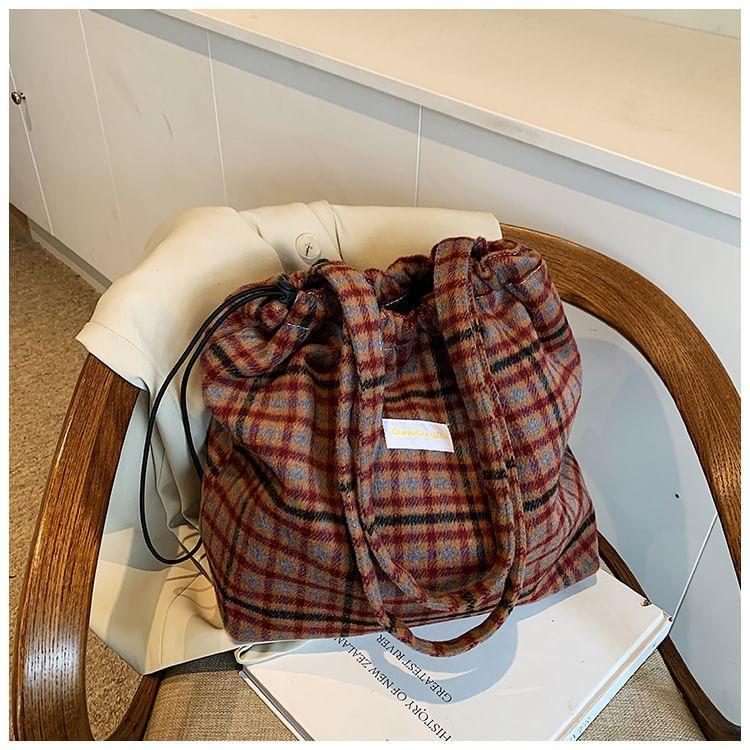 Plaid Drawstring Tote Bag Product Image