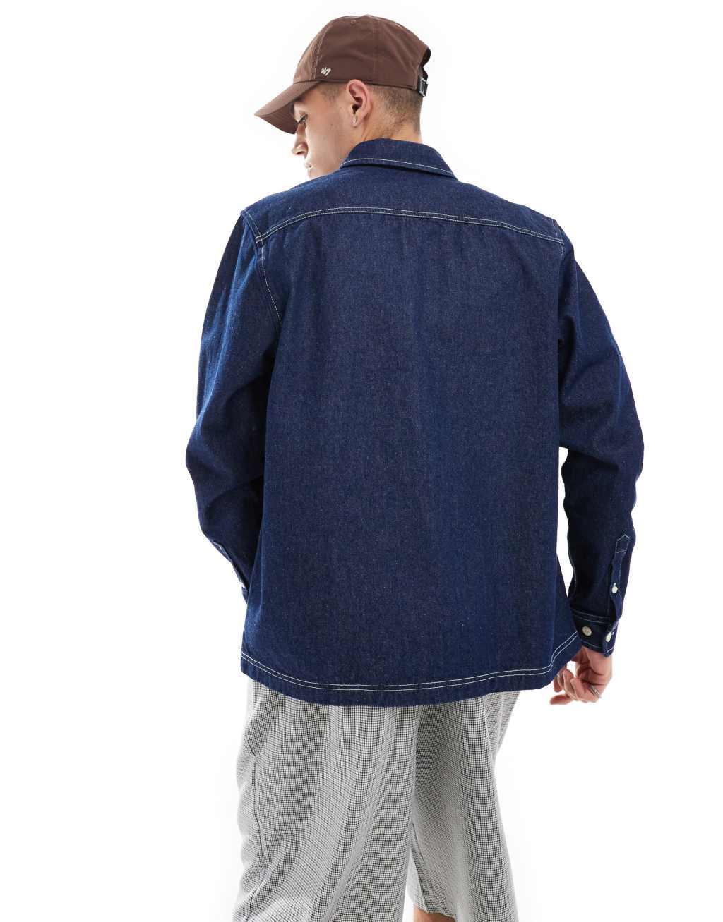 ASOS DESIGN relaxed denim shirt with top stitching in blue rinse wash  Product Image