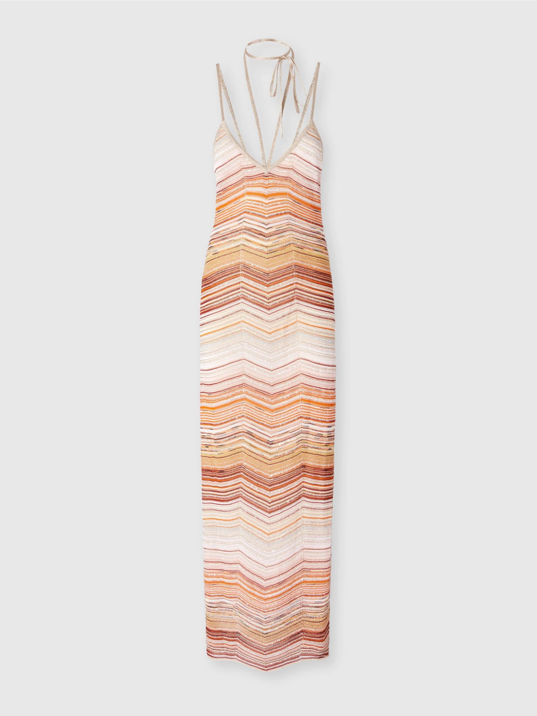Long chevron lamé dress with sequins and decorative lace Product Image