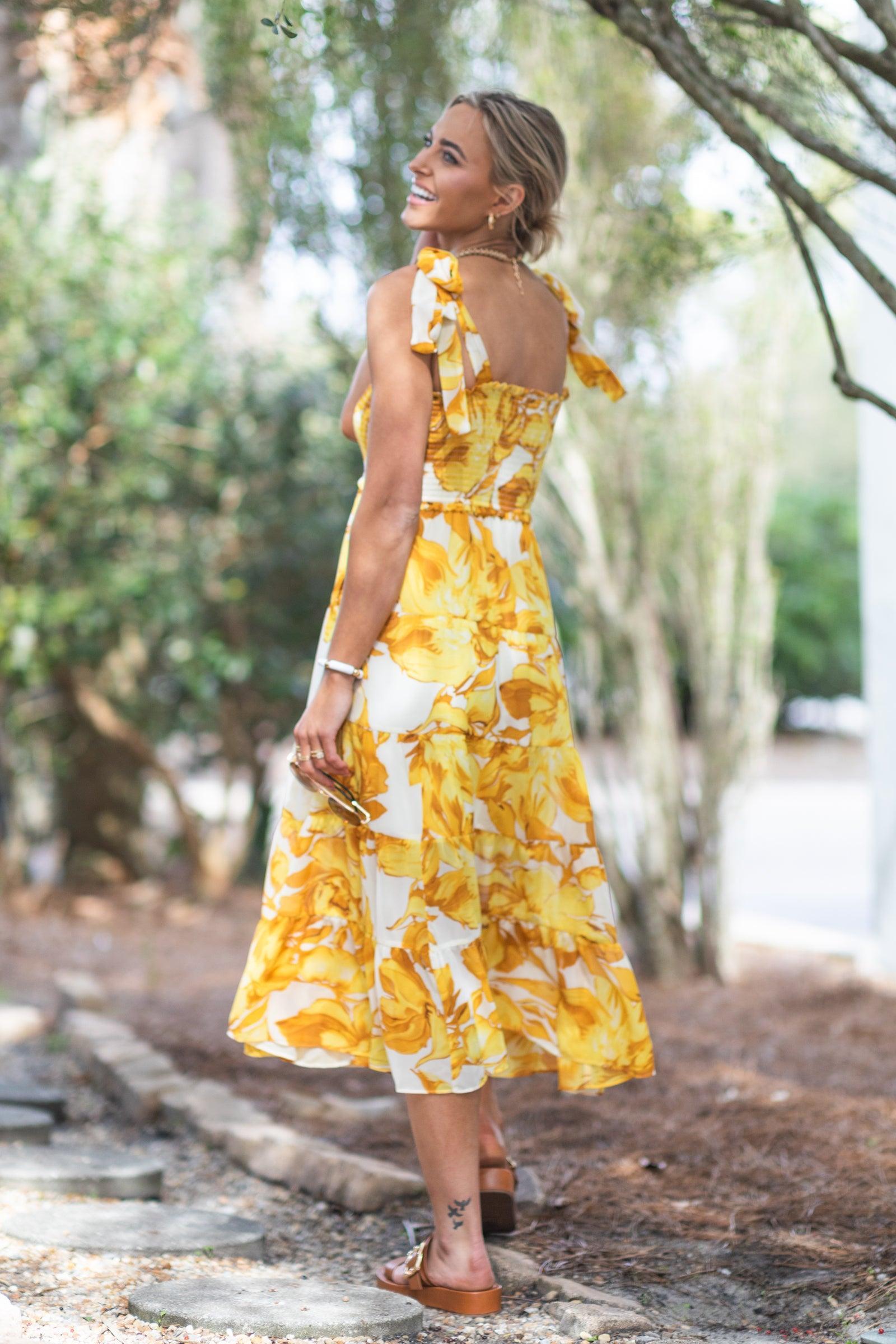 Yellow Floral Midi Dress With Tie Straps Product Image