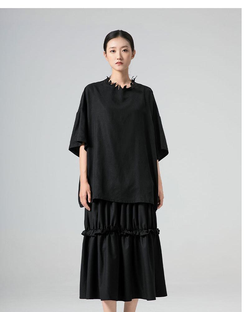 3/4-Sleeve Asymmetrical Neck Plain Oversized T-Shirt Product Image