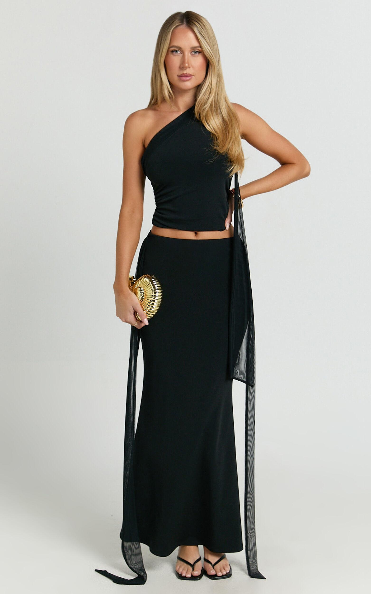 Rhoda Two Piece Set - Scarf Top and Tie Detail Maxi Skirt Set in Black Product Image