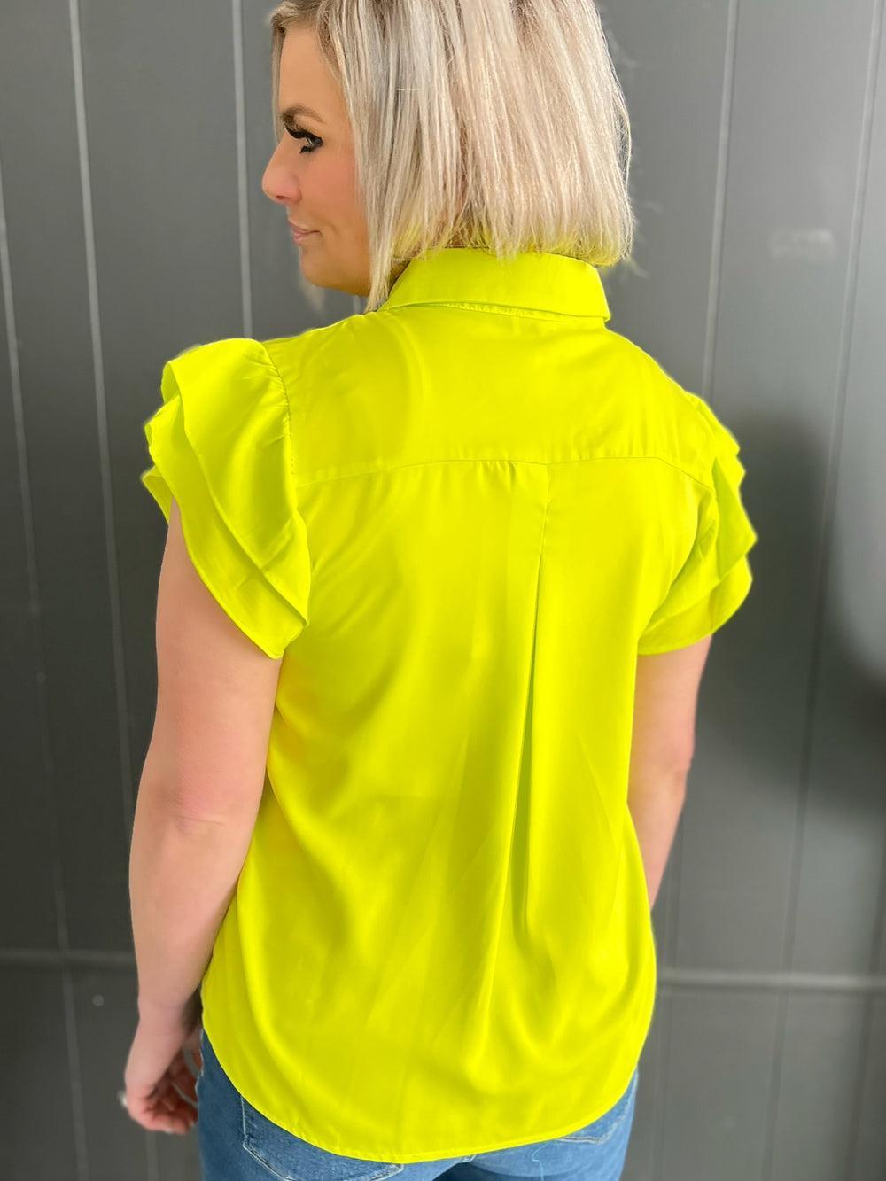 Neon Yellow Flutter Sleeve Button Up Top Product Image