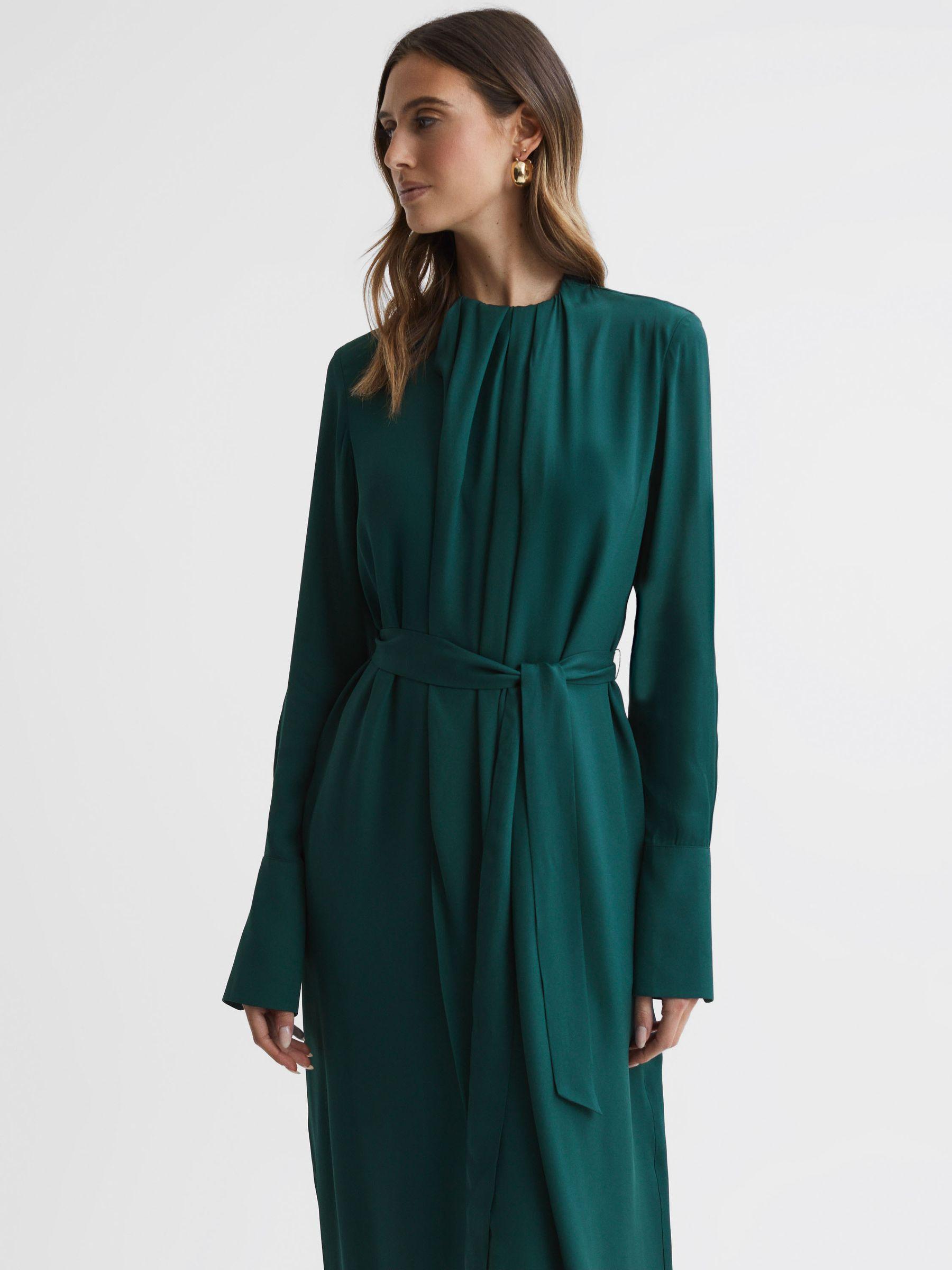 Pleated Long Sleeve Midi Dress in Green Product Image