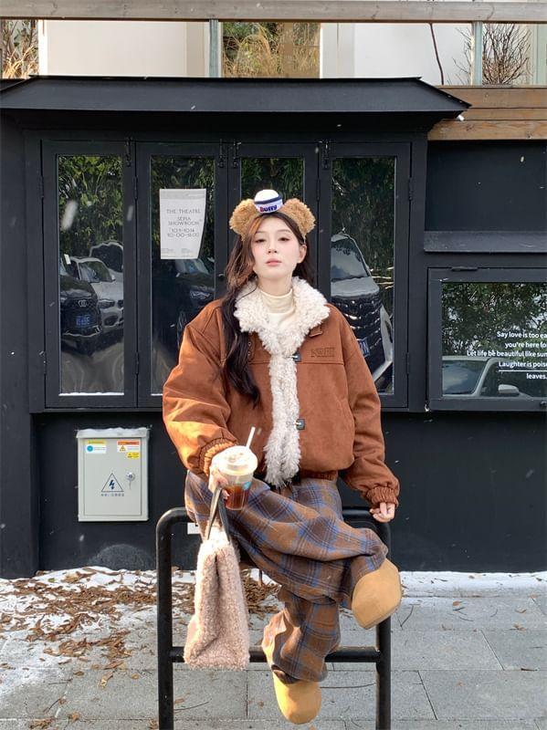 Stand Collar Fleece-Lined Button Aviator Jacket / Drawstring Waist Plaid Wide Leg Pants Product Image