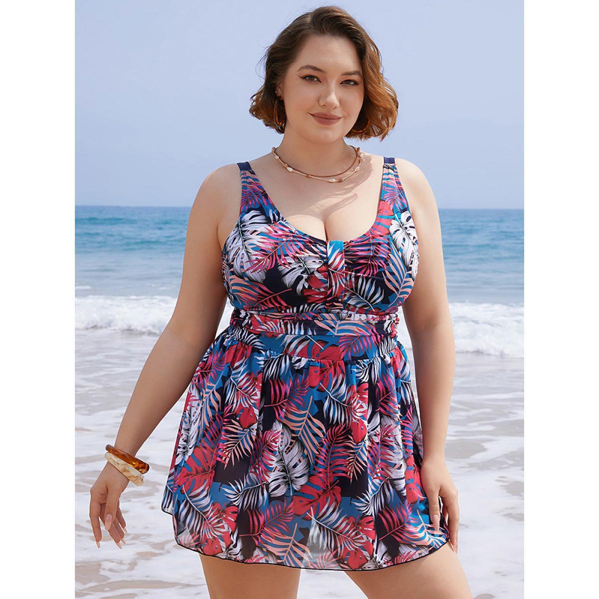 Plus Size Plant Print Contrast Ruffle Hem A Line Ruched Swim Dress Women's Swimwear Indigo Vacation Bodycon V-neck High stretch Curve Swim Dresses BloomChic 14-16/1X Product Image