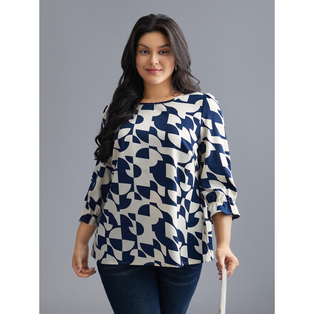 Plus Size Indigo Round Neck Geometric Print Blouse Women At the Office Elbow-length sleeve Round Neck Work Blouses BloomChic 12/L Product Image