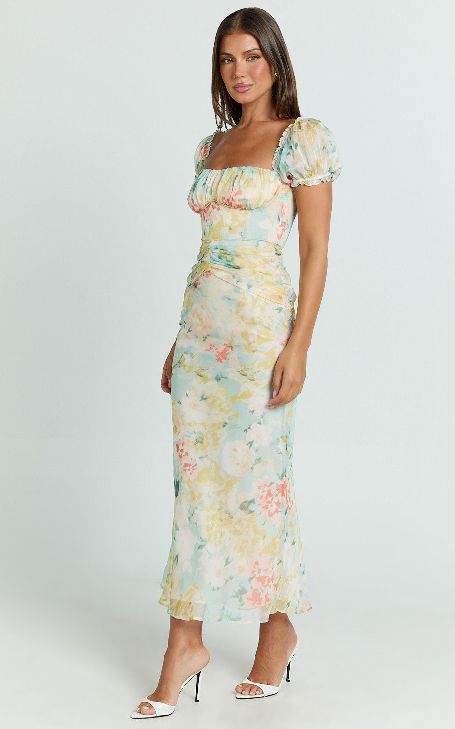 Debina Maxi Dress - Sweetheart Neckline Short Sleeve Dress in Yellow Product Image