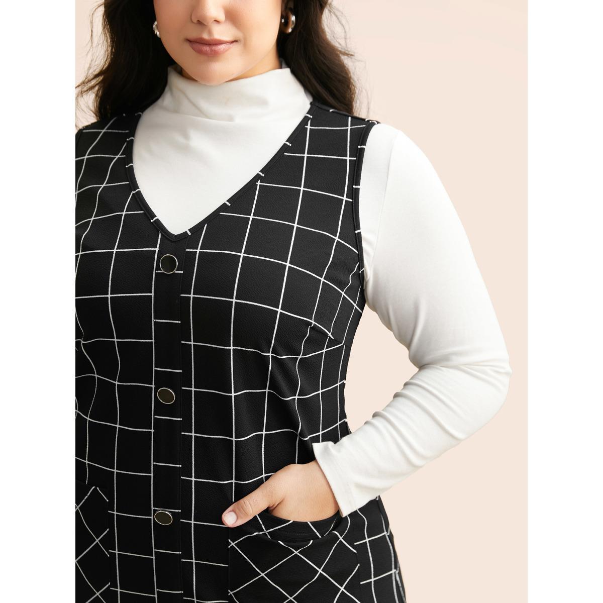Plus Size Plaid V Neck Button Detail Dress Black Women Casual Button V-neck Sleeveless Curvy BloomChic 18-20/2X Product Image