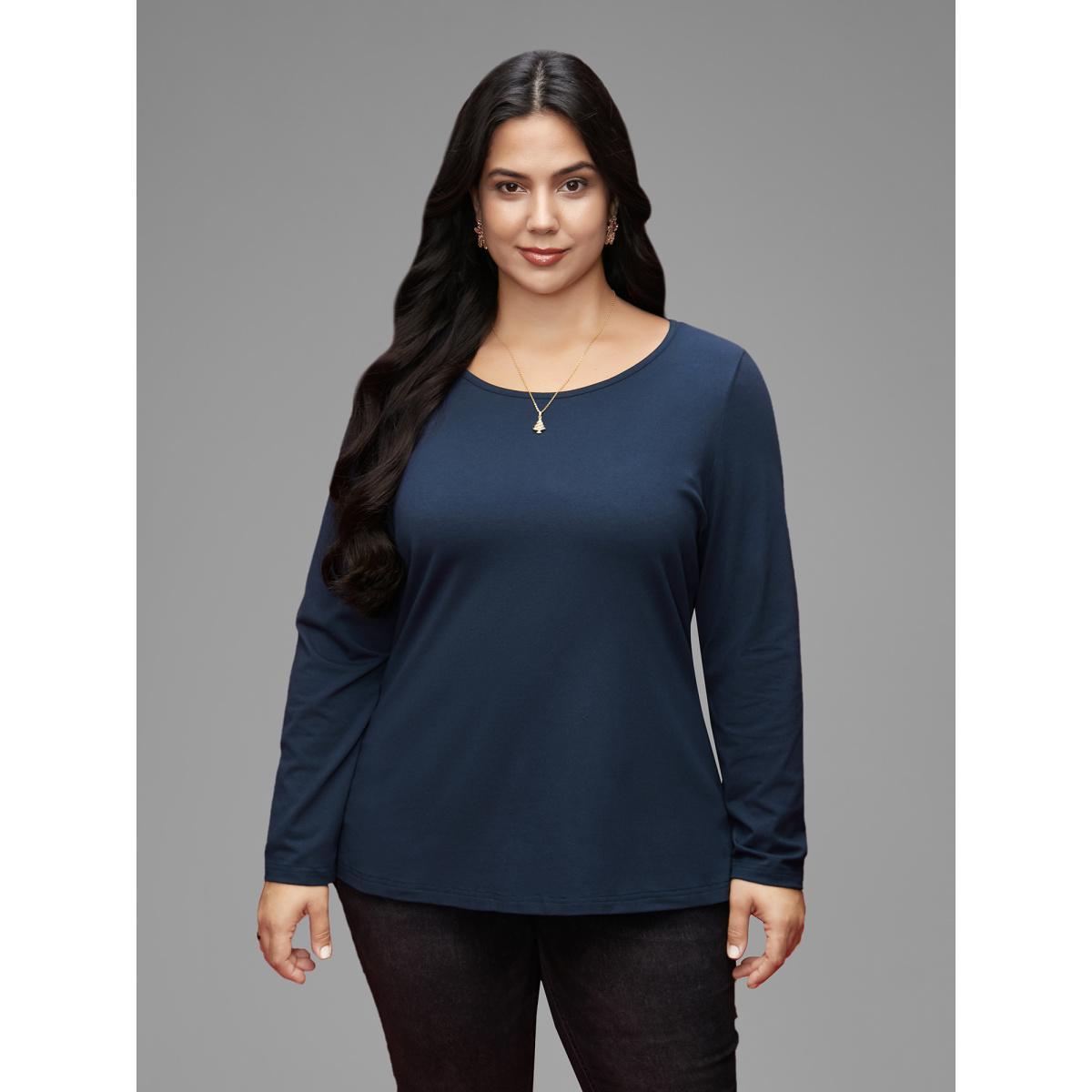Plus Size Cotton Bow-Back Detail Slit Tee Indigo Women Casual Bowknot Non Everyday T-shirts BloomChic 22-24/3X Product Image