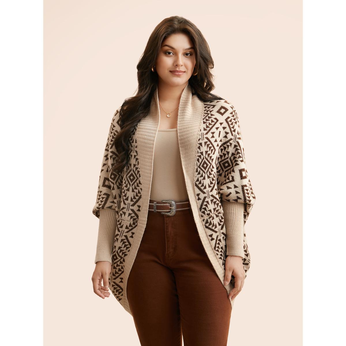 Plus Size Bandana Geometric Dolman Sleeve Cardigan DarkBrown Women Casual Loose Long Sleeve Everyday Cardigans BloomChic 26/4X Product Image