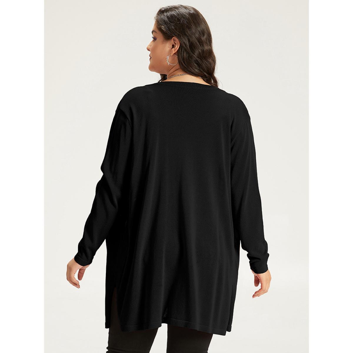 Plus Size Halloween Cat Print Split Side Patched Pocket Cardigan Black Women Casual Loose Long Sleeve Festival-Halloween Cardigans BloomChic 26/4X Product Image