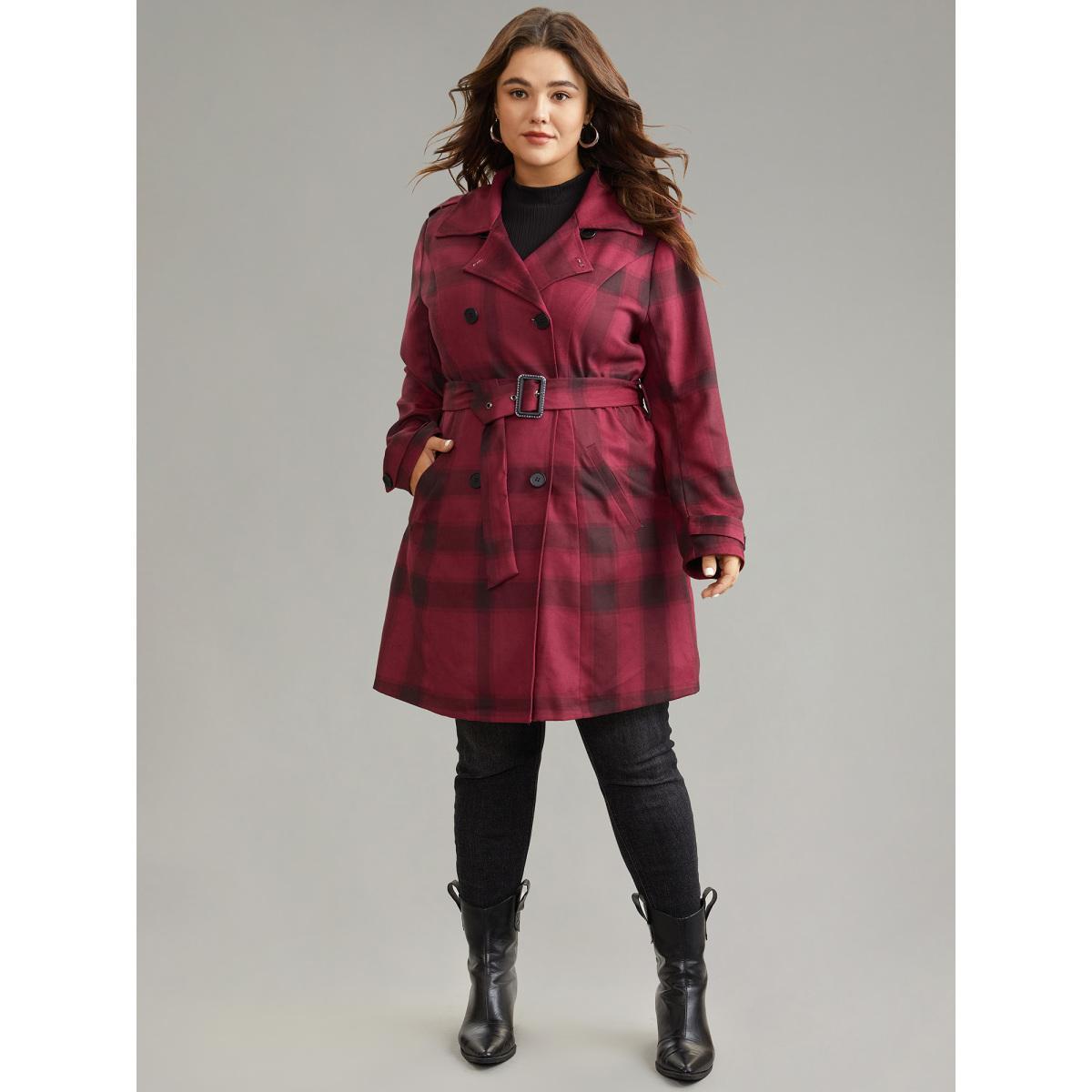 Plus Size Lapel Collar Plaid Belted Double Breasted Coat Women Scarlet Elegant Lined Ladies Dailywear Winter Coats BloomChic 26/4X Product Image