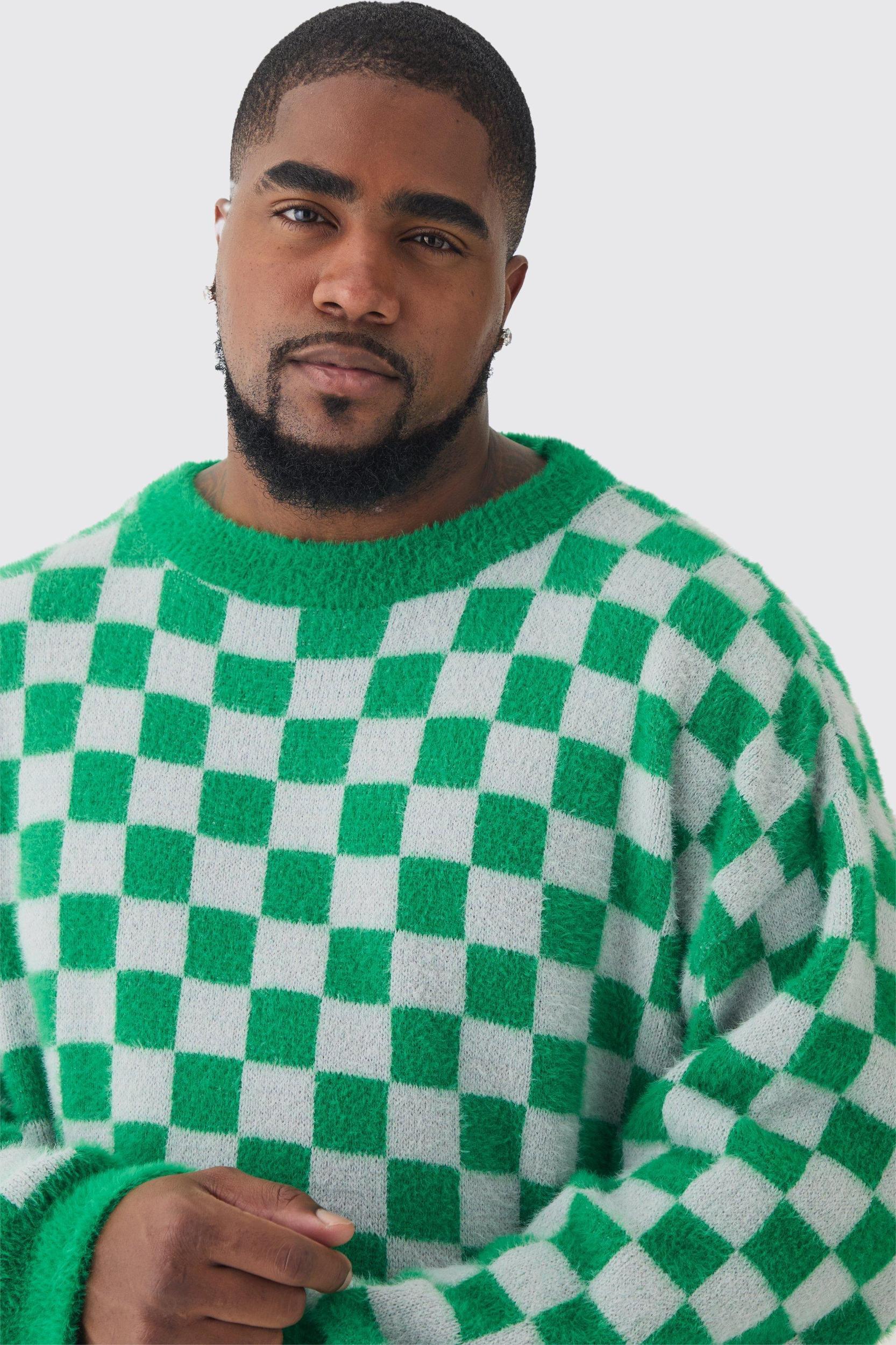 Plus Fluffy Knit Checkered Sweatshirt | boohooMAN USA Product Image
