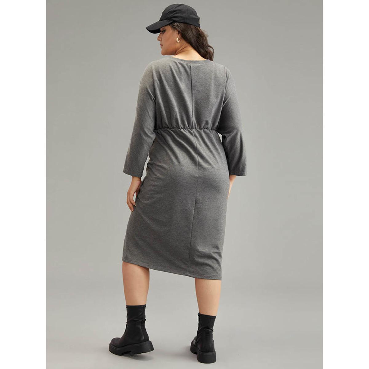 Plus Size Split Hem Drawstring Batwing Sleeve Dress DimGray Women Casual Plain Round Neck Elbow-length sleeve Curvy Midi Dress BloomChic 14-16/1X Product Image
