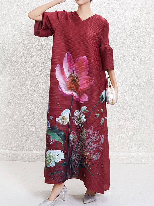 A-Line Flared Sleeves Flower Print Pleated V-Neck Maxi Dresses Product Image