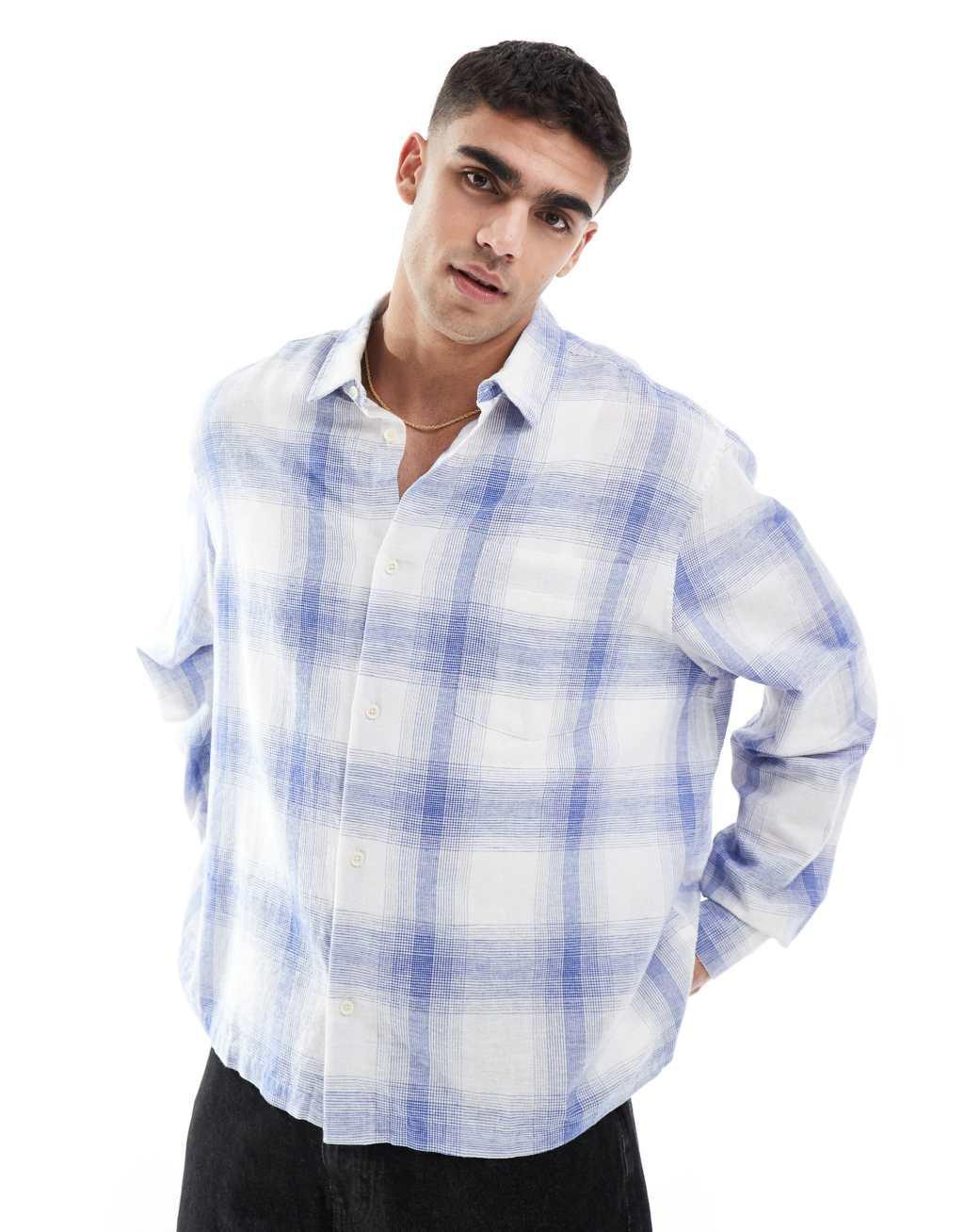 ASOS DESIGN boxy linen blend regular shirt with patch pocket in blue and white Product Image
