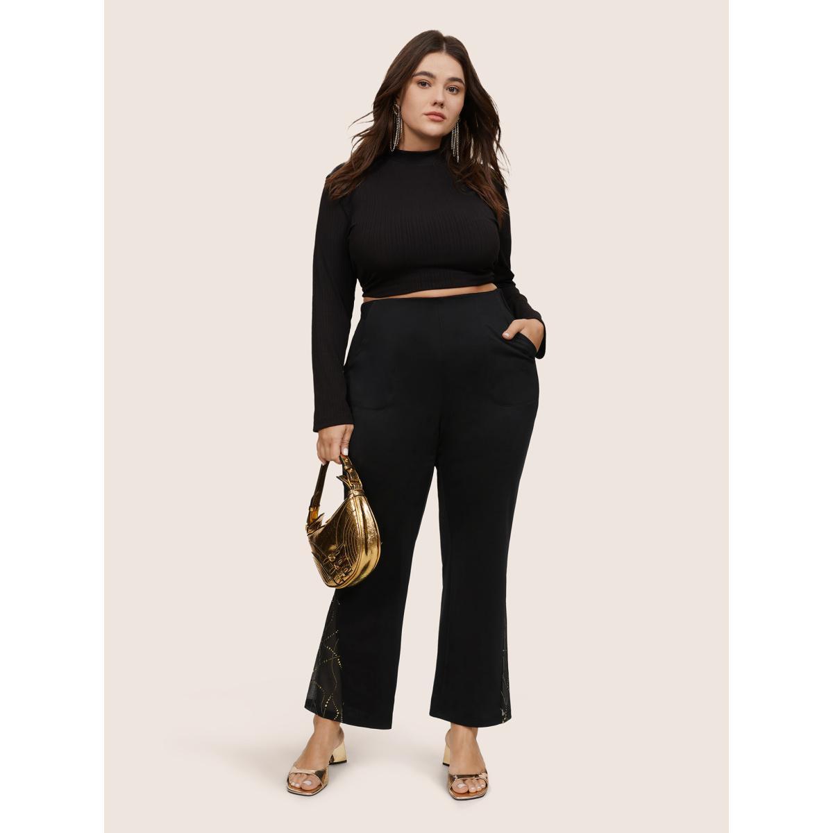 Plus Size Plain Rhinestone Patchwork Mesh Bootcut Pants Women Black Glamour Bootcut High Rise Party Pants BloomChic 14-16/1X Product Image